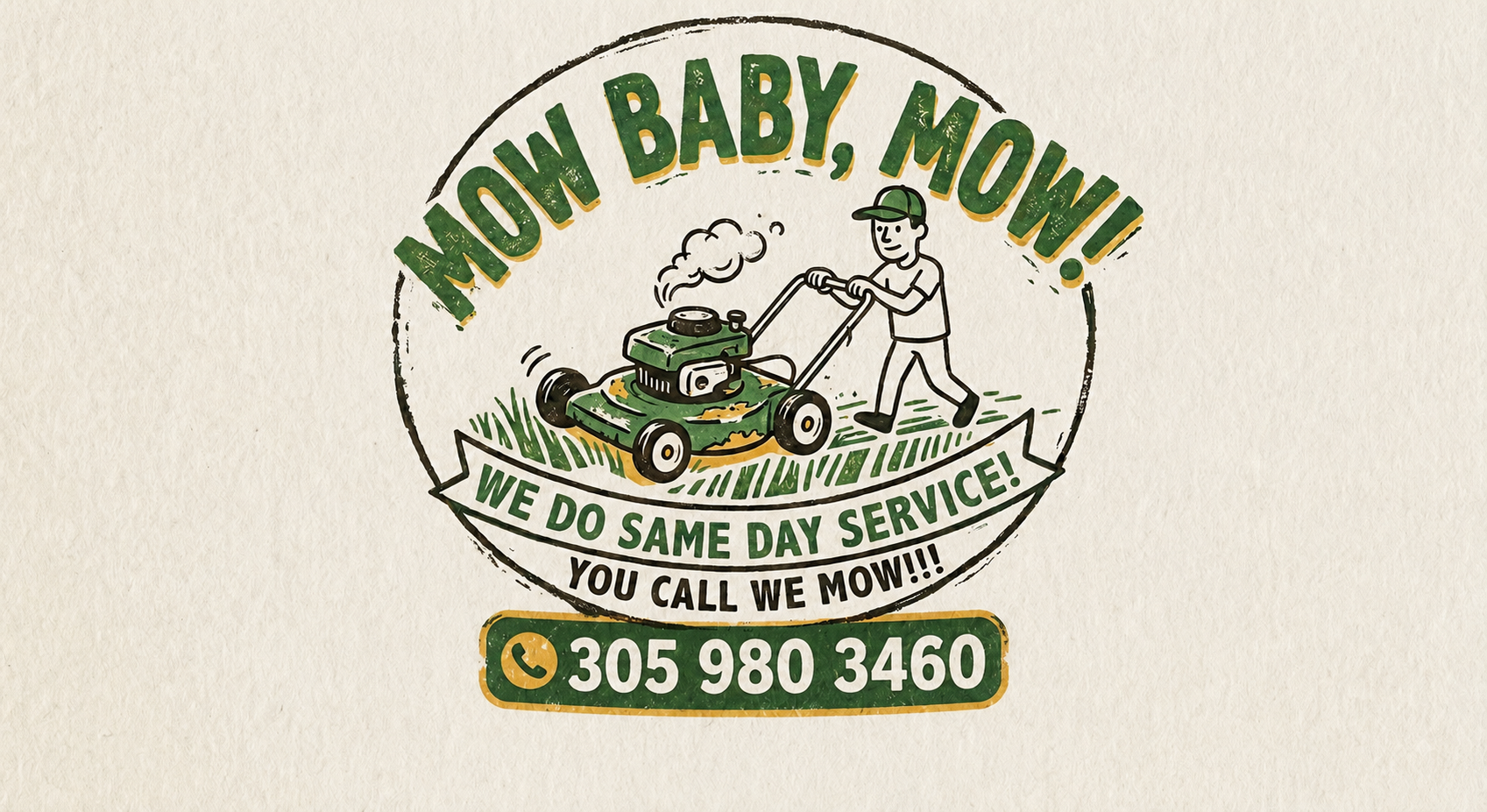 Mow Baby, MOW! vintage badge with mascot pushing a lawnmower